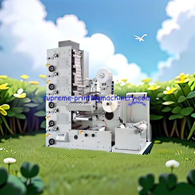 LABEL (LOGO) FLEXO PRINTING MACHINE (WEB GUIDE ULTRASONIC TYPE, 1 DIE CUTTING STATION) LED MERCURY UV LAMP TURN BAR